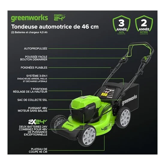 Autre vue : Tondeuse à batterie Greenworks GD24X2LM46SP